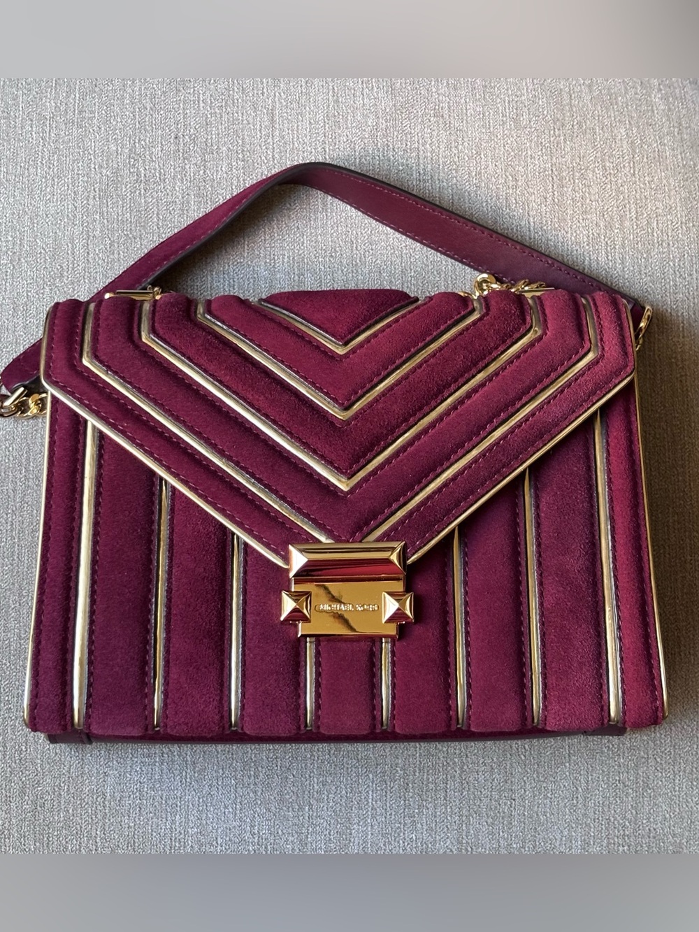 New Michael Kors Whitney chevron quilted oxblood leather suede shoulder bag